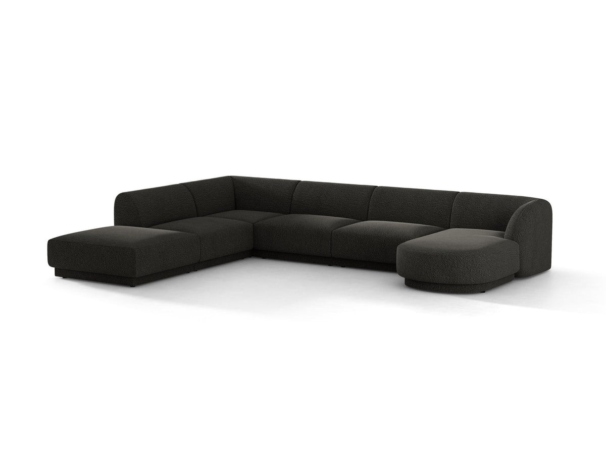 Miley Panoramasofa von Micadoni, Ecksofa links in Dunkelbeige mit Bluvel-Stoffbezug, schwarzen Kunststofffüssen und niedriger Rückenlehne.