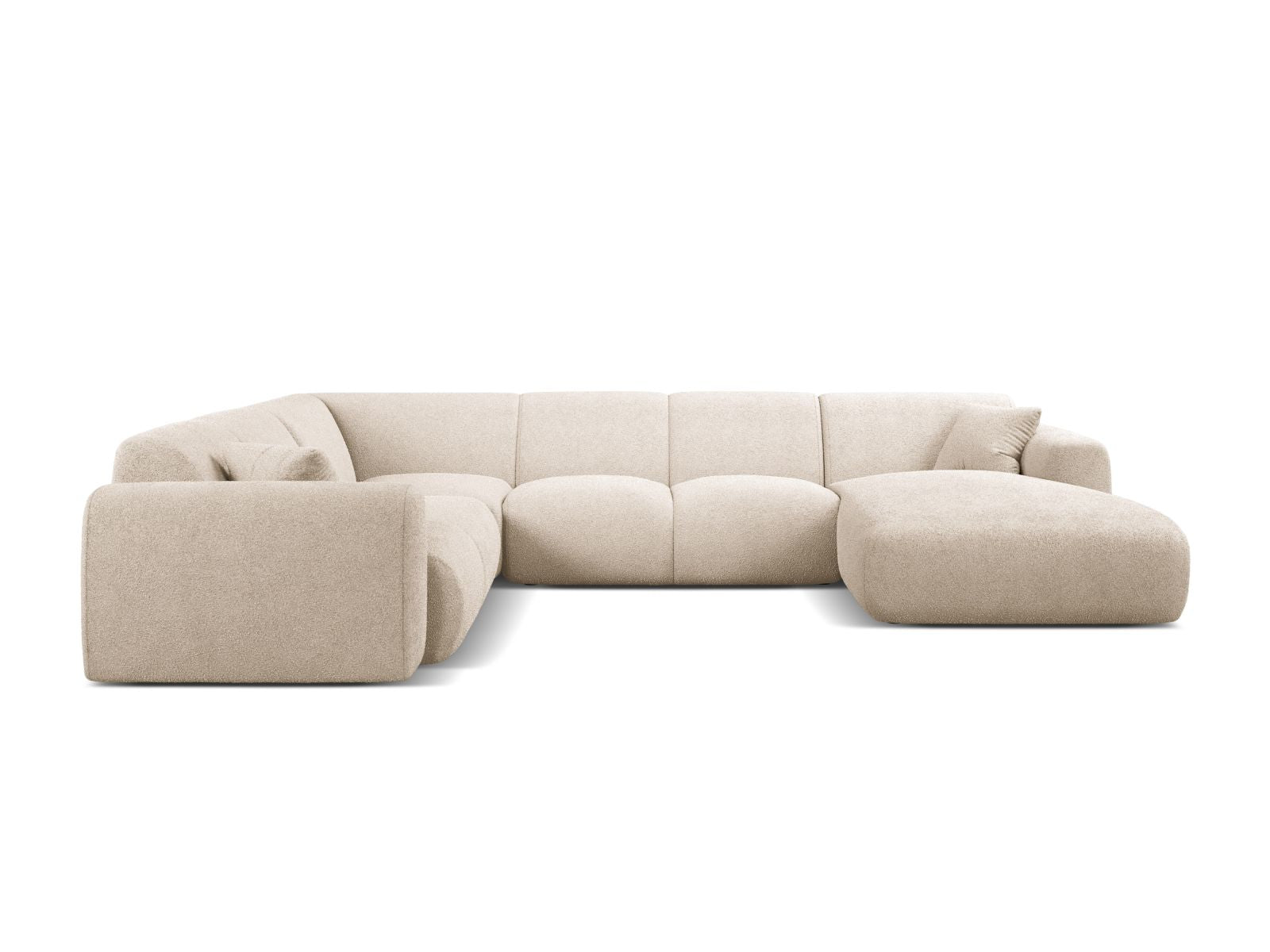 Beige 6-Sitzer Ecksofa Molino von Micadoni, modular und panoramisch, ideal für stilvolle Wohnräume, präsentiert in modernem Design.