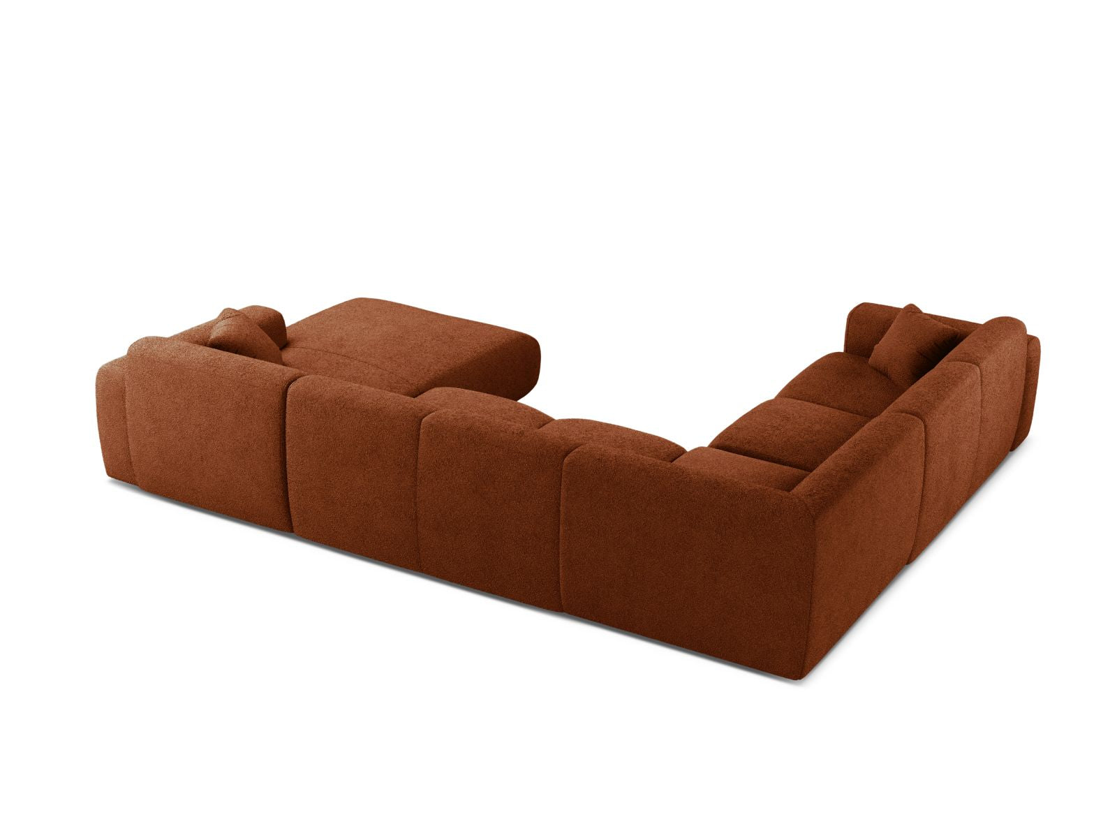 Modulares 6-Sitzer Ecksofa Molino in warmem Terracotta, perfekt für stilvolle Wohnzimmer, vereint Funktionalität und modernes Design.