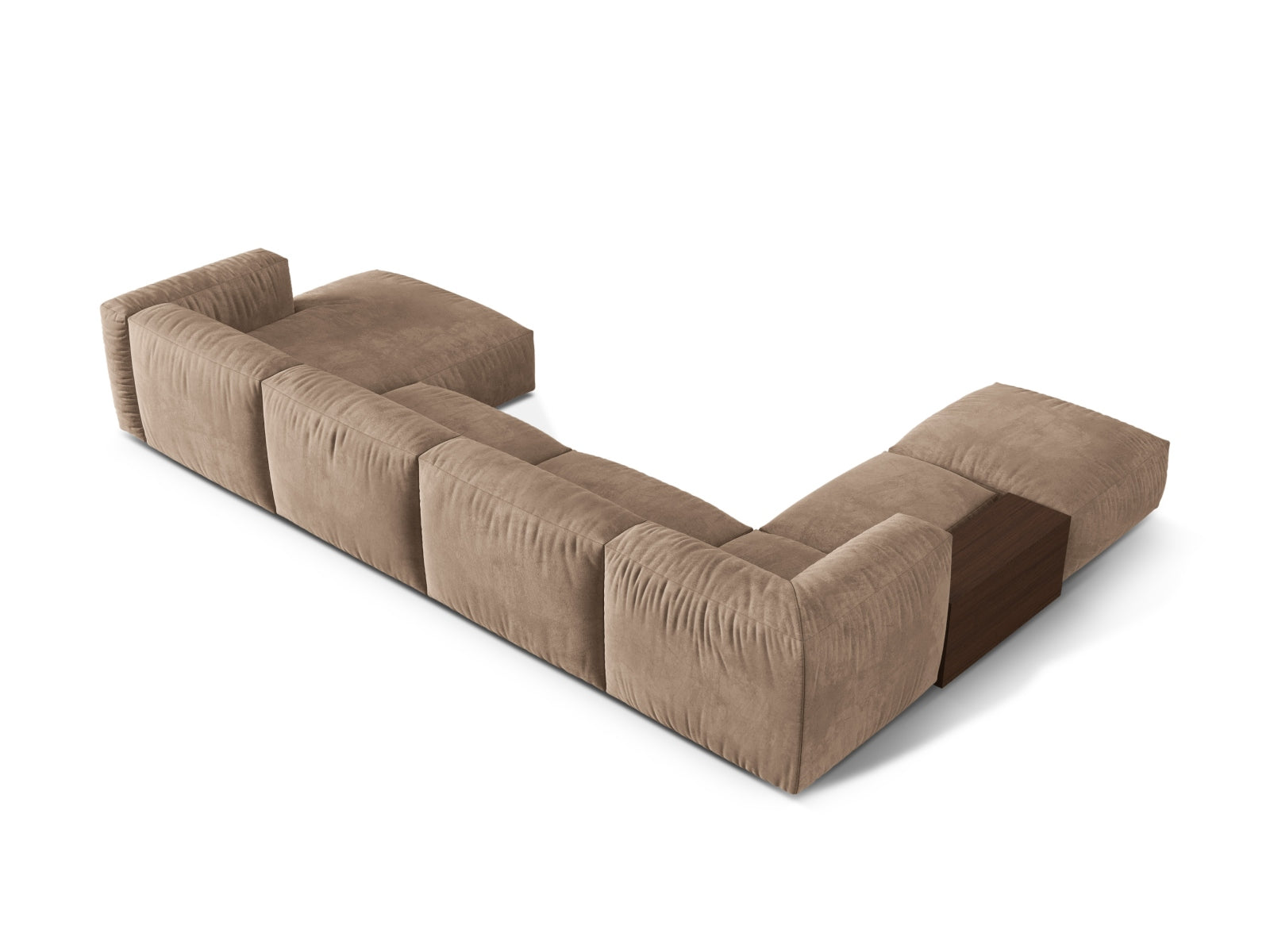 Modernes, modulares Ecksofa Martina in sanftem Dunkelbeige, perfekt für gemütliche Wohnzimmer. Bietet Platz für bis zu fünf Personen.