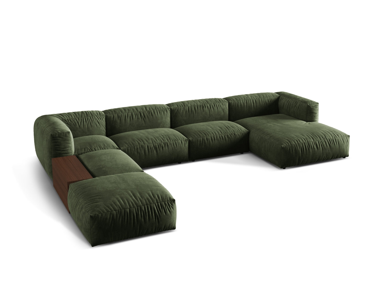 Elegantes, modulares Ecksofa in Grün mit fünf Sitzplätzen, ideal für stilvolle Wohnräume und gemütliche Abende.
