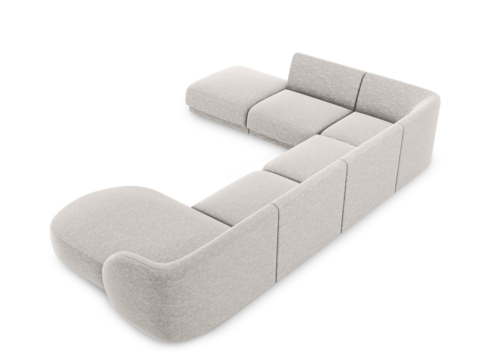 Elegantes Miley Panoramic Ecksofa links für 6 Personen in sanftem Grau, perfekt für stilvolle Wohnzimmer und entspannte Zusammenkünfte.