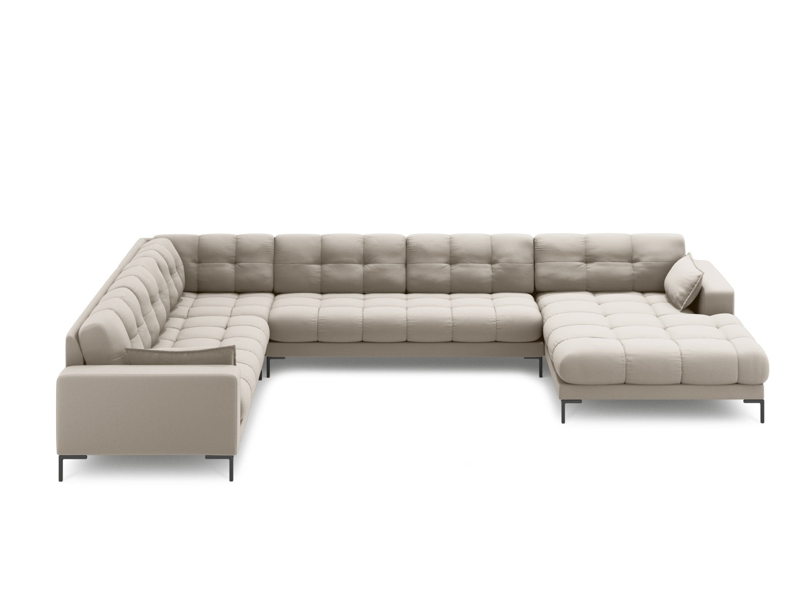 Beige und Schwarz gestreiftes Mamaia Panoramic Ecksofa links, 7 Sitzer, stilvolles Design für modernen Wohnraum, von Micadoni.