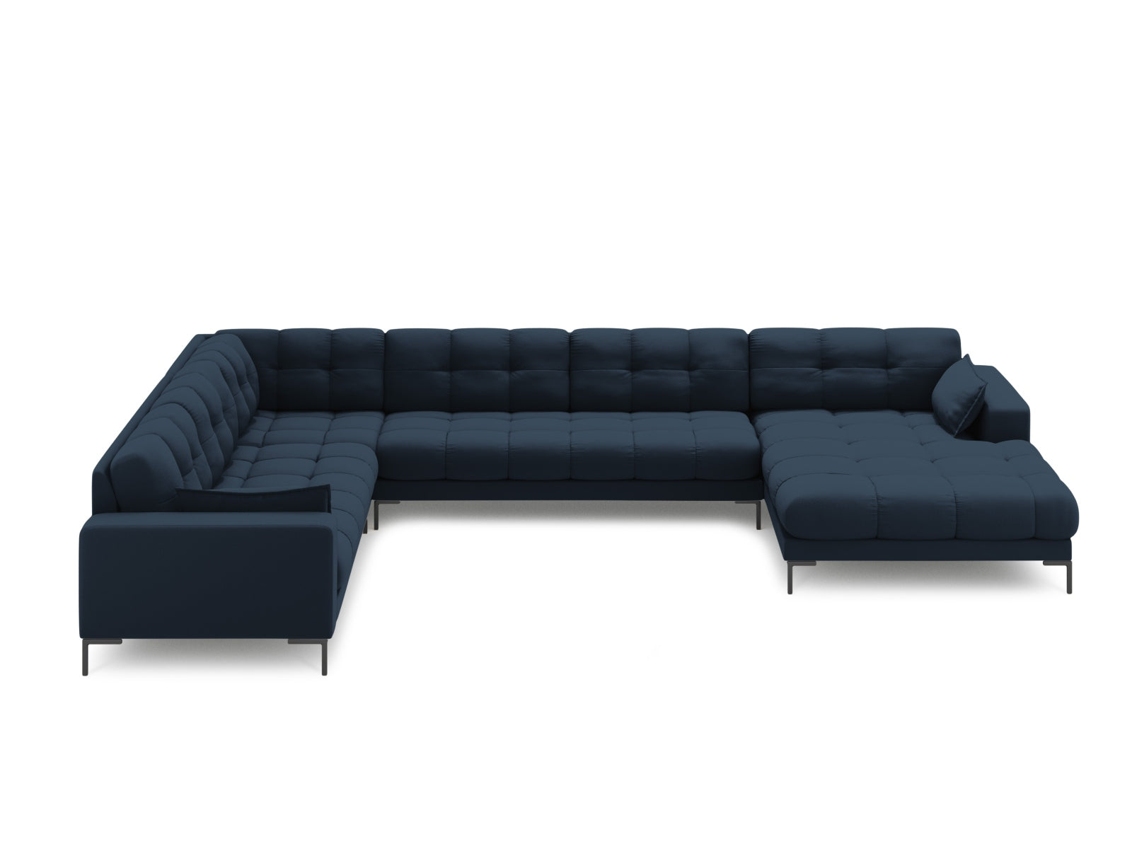 Elegantes Mamaia Panoramic Ecksofa links in stilvollem Blau und Schwarz, ideal für moderne Wohnräume und gemütliche Abende.