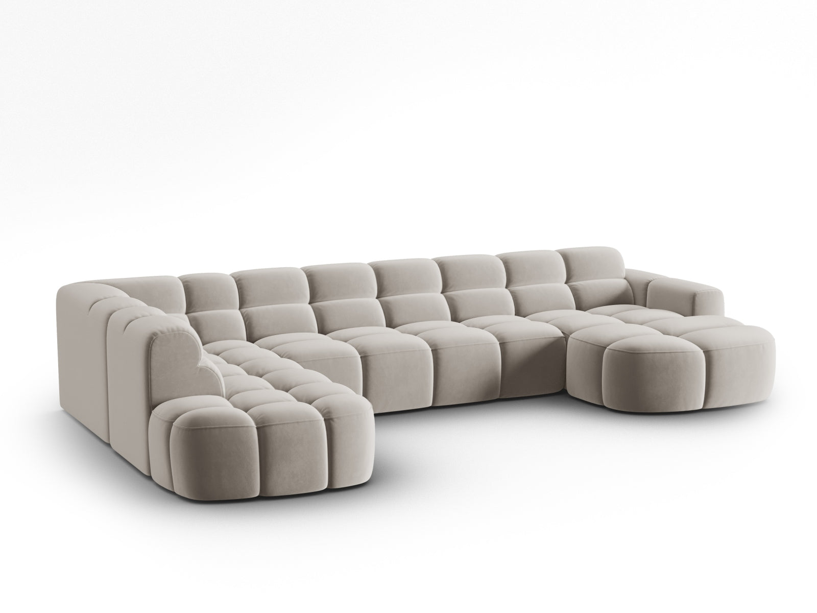 Erleben Sie das stilvolle Lisa Velour Panoramic Ecksofa links 7 Sitzer von Micadoni. Perfekt für Ihr modernes Wohnzimmer, vereint es Eleganz und Gemütlichkeit.