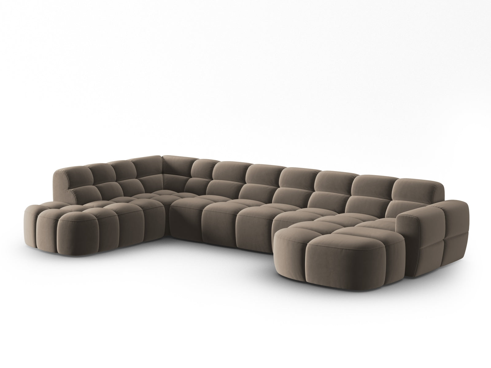 Entdecken Sie das elegante Lisa Velour Panoramic Ecksofa links 7 Sitzer von Micadoni. Ideal für stilvolle Wohnzimmer, vereint es Komfort und modernes Design.