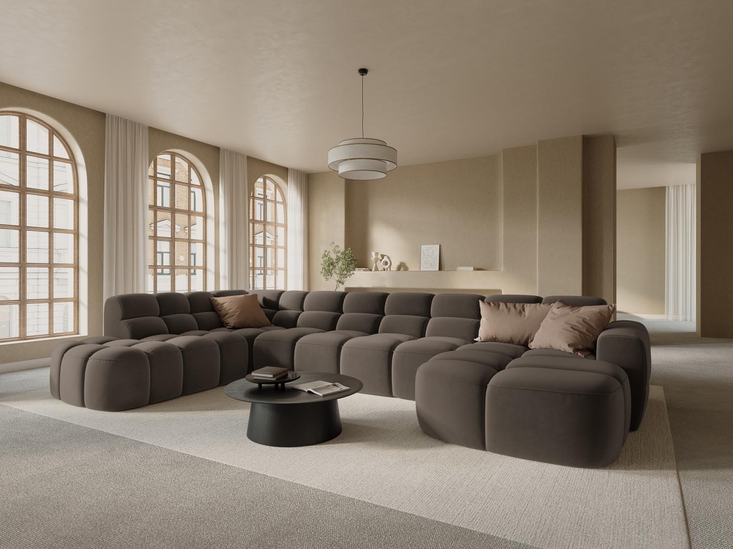 Erleben Sie das stilvolle Lisa Velour Panoramic Ecksofa links 7 Sitzer von Micadoni. Perfekt für Ihr modernes Wohnzimmer, vereint es Eleganz und Gemütlichkeit.