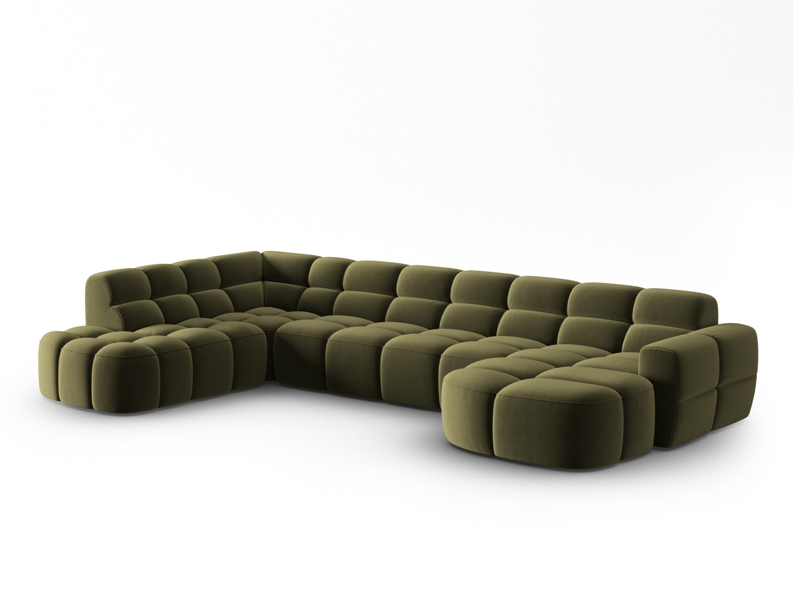 Entdecken Sie das elegante Lisa Velour Panoramic Ecksofa links 7 Sitzer von Micadoni. Ideal für stilvolle Wohnzimmer, vereint es Komfort und modernes Design.
