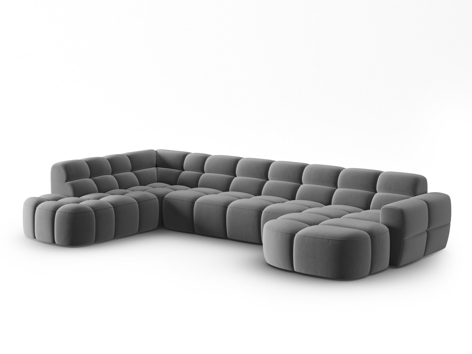 Entdecken Sie das elegante Lisa Velour Panoramic Ecksofa links 7 Sitzer von Micadoni. Ideal für stilvolle Wohnzimmer, vereint es Komfort und modernes Design.