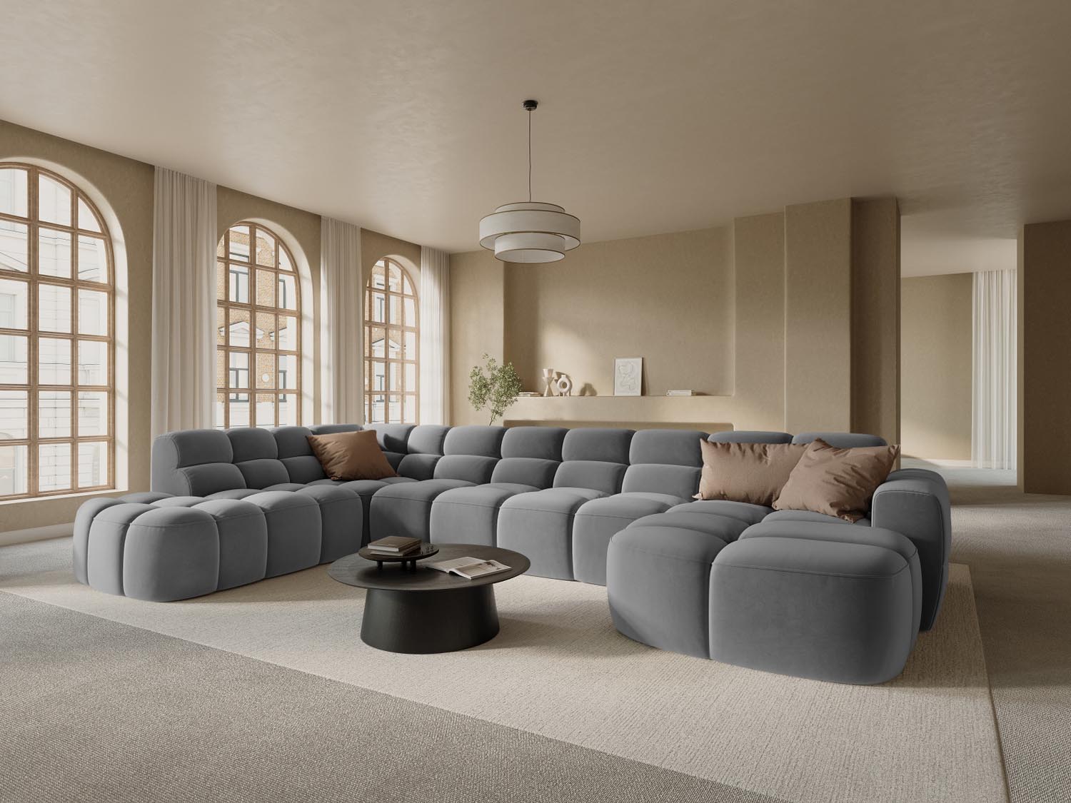 Erleben Sie das stilvolle Lisa Velour Panoramic Ecksofa links 7 Sitzer von Micadoni. Perfekt für Ihr modernes Wohnzimmer, vereint es Eleganz und Gemütlichkeit.