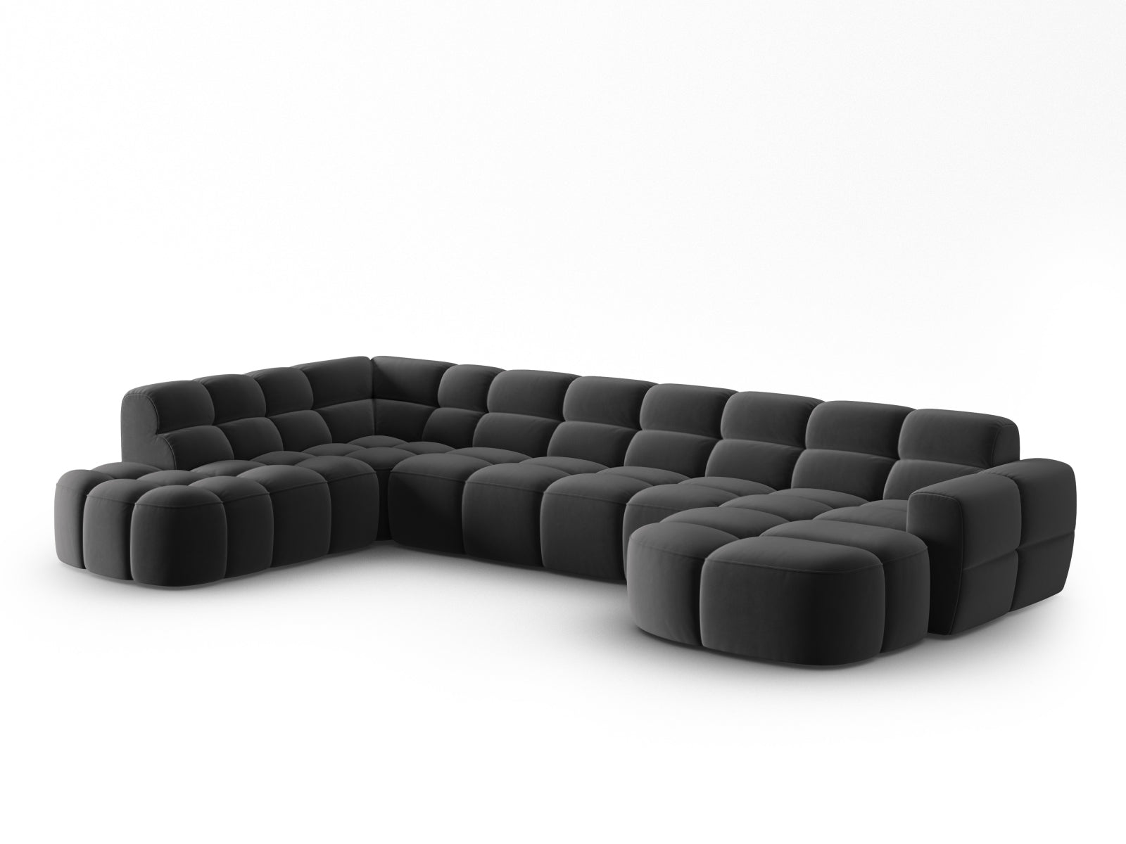 Entdecken Sie das elegante Lisa Velour Panoramic Ecksofa links 7 Sitzer von Micadoni. Ideal für stilvolle Wohnzimmer, vereint es Komfort und modernes Design.