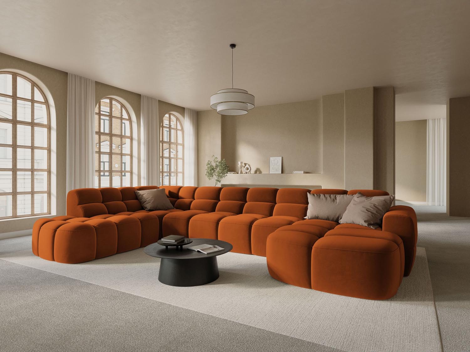 Erleben Sie das stilvolle Lisa Velour Panoramic Ecksofa links 7 Sitzer von Micadoni. Perfekt für Ihr modernes Wohnzimmer, vereint es Eleganz und Gemütlichkeit.