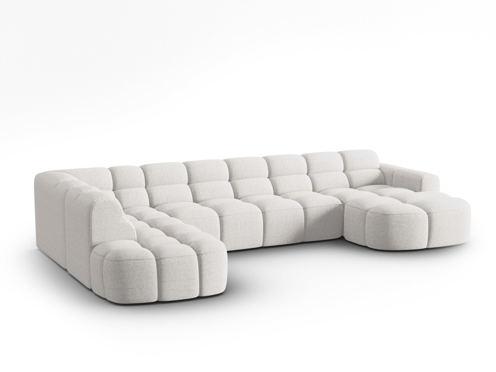 Entdecken Sie das elegante Lisa Panoramic Ecksofa links 7 Sitzer von Micadoni. Hochwertiger Velours, grosszügiger Platz und modernes Design für Ihr Wohnzimmer.