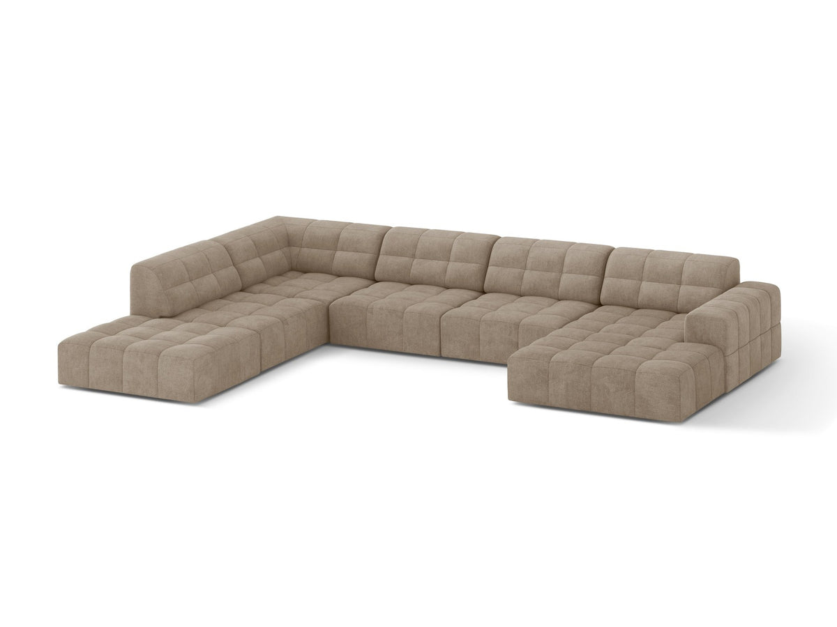 Ecksofa links Jennifer von Micadoni in leichtem Beige mit Bluvel-Stoff, schwarzen Kunststoffbeinen und breiter Sitzfläche.
