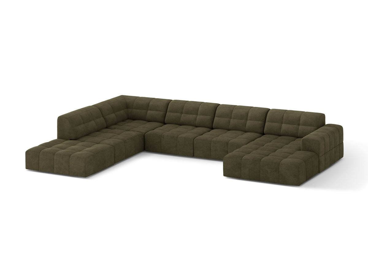 Ecksofa links Jennifer von Micadoni in leichtem Beige mit Bluvel-Stoff, schwarzen Kunststoffbeinen und breiter Sitzfläche.