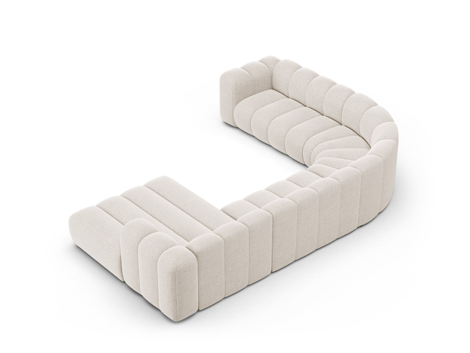 Elegantes Lupine Modular Panoramic Ecksofa links für 6 Personen in sanftem Beige, ideal für einladende und moderne Wohnräume.