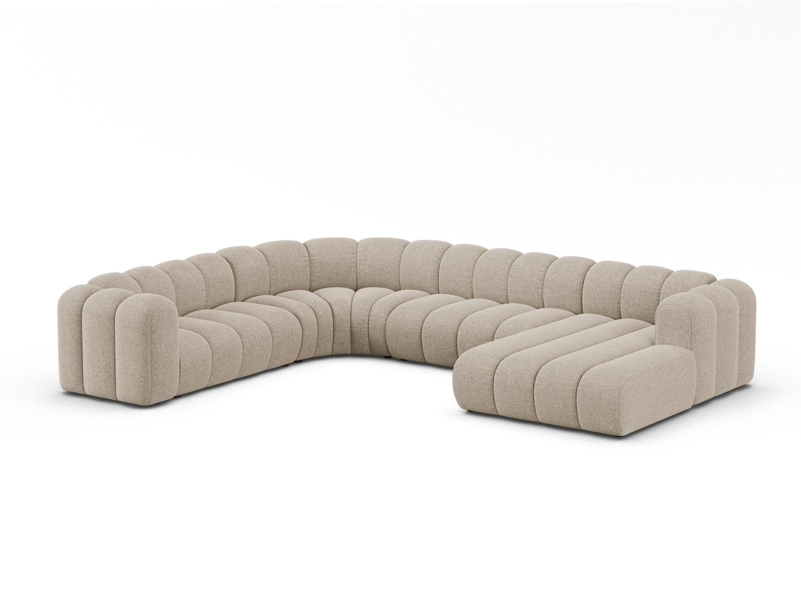 Elegantes Lupine Modular Panoramic Ecksofa links für 6 Personen in stilvollem Dunkelbeige, ideal für moderne Wohnräume.
