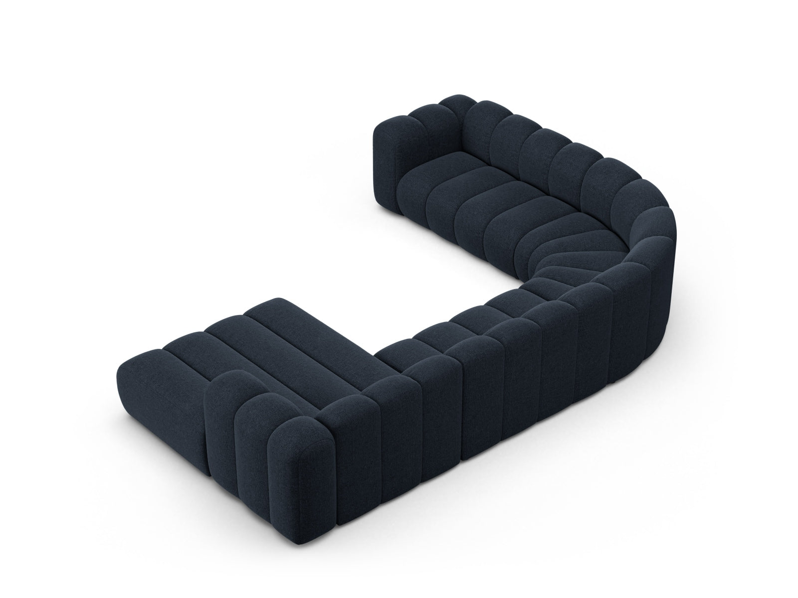 Elegantes Lupine Modular Panoramic Ecksofa links für 6 Personen in Navy Blue-Eden, ideal für moderne Wohnräume und gesellige Abende.