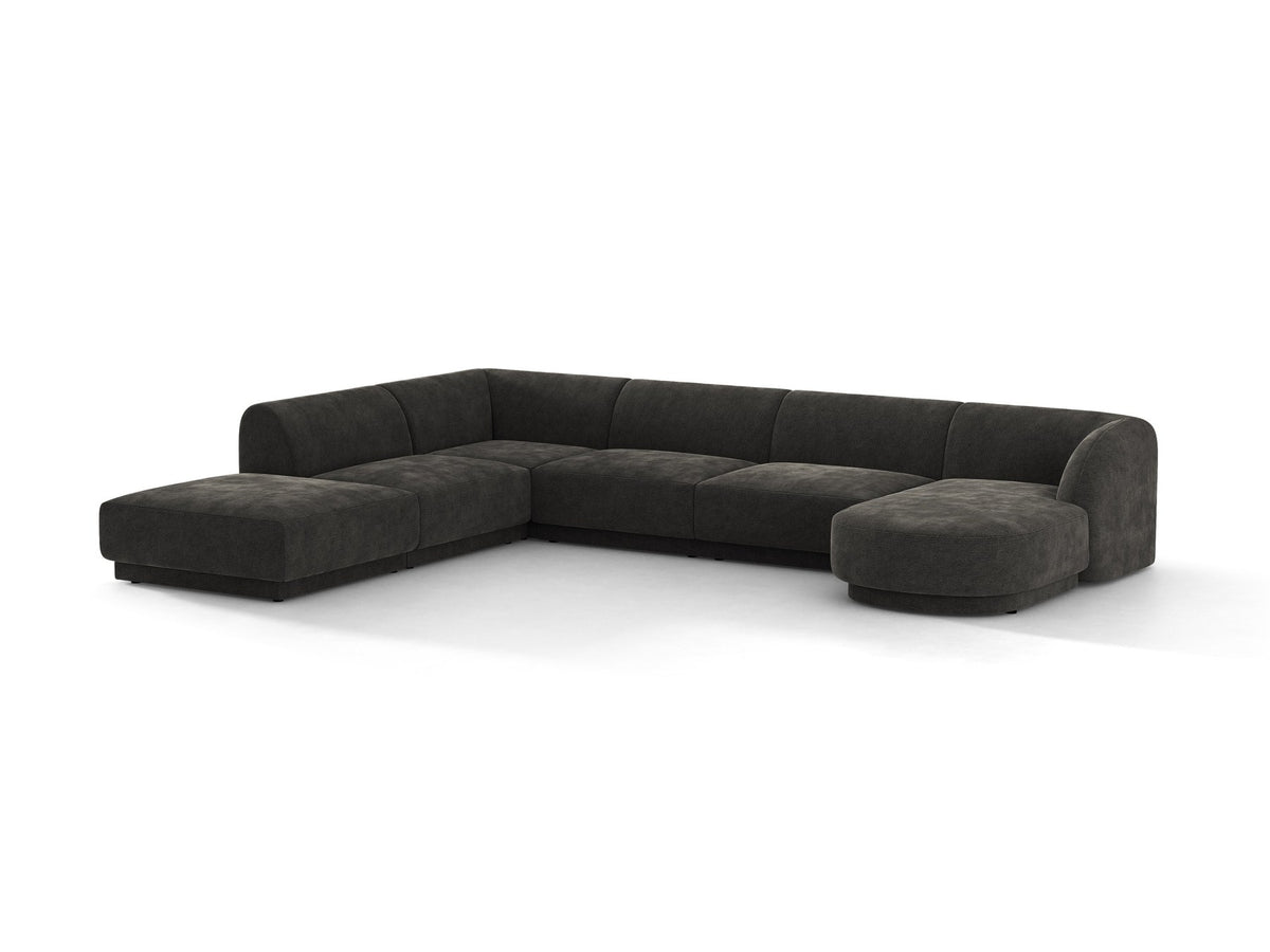 Miley Panoramasofa von Micadoni, Ecksofa links in Dunkelbeige mit Bluvel-Stoffbezug, schwarzen Kunststofffüssen und niedriger Rückenlehne.