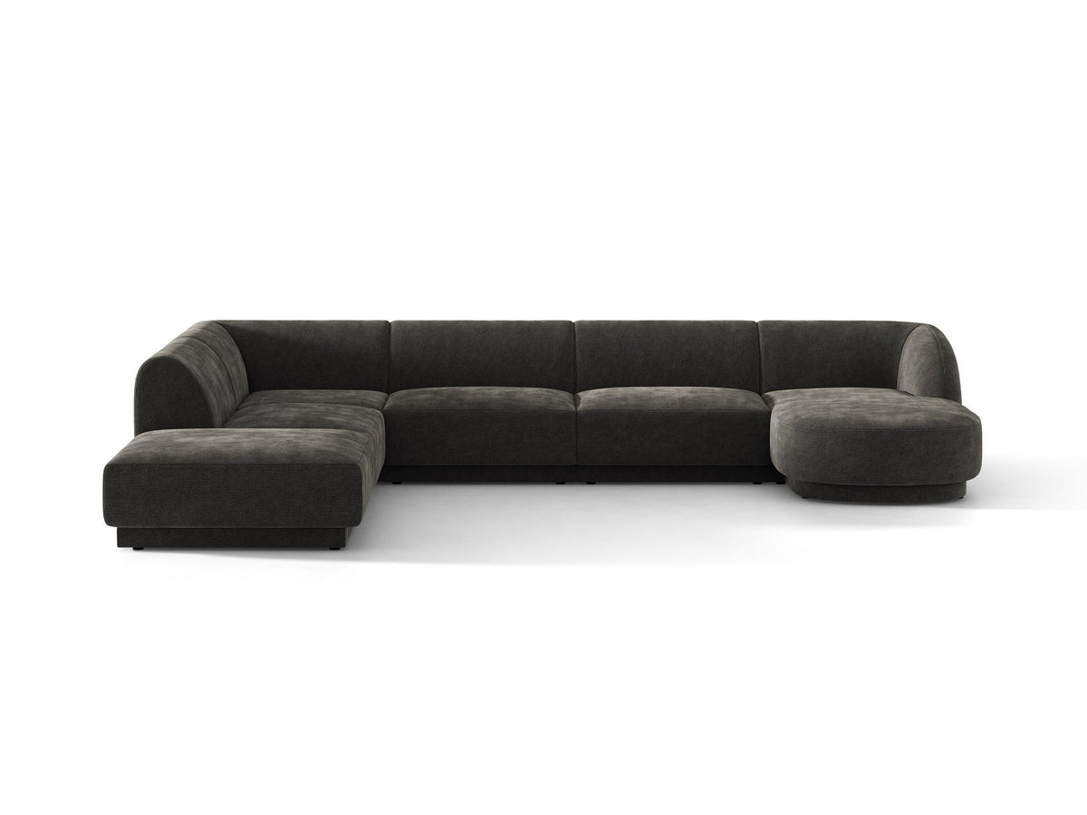 Miley Panoramasofa von Micadoni, Ecksofa links in Dunkelbeige mit Bluvel-Stoffbezug, schwarzen Kunststofffüssen und niedriger Rückenlehne.