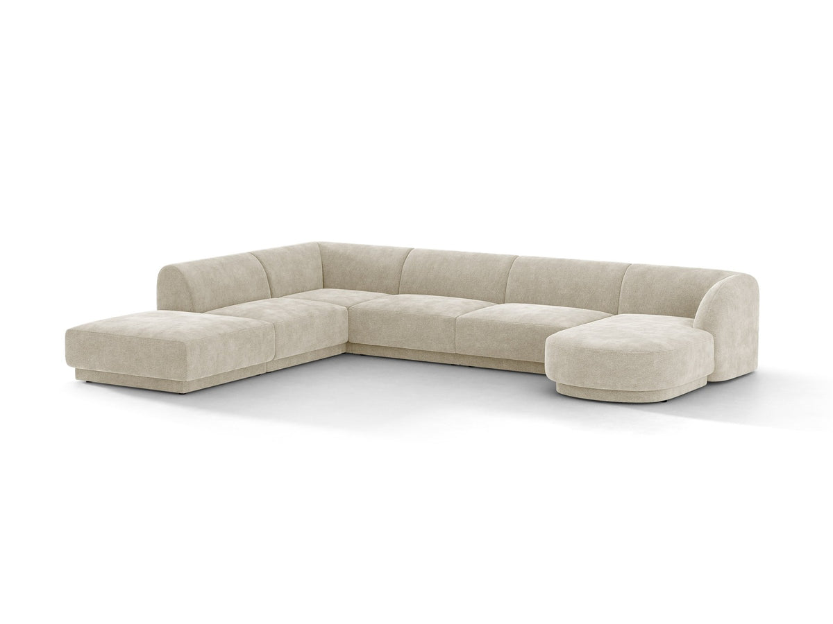 Miley Panoramasofa von Micadoni, Ecksofa links in Dunkelbeige mit Bluvel-Stoffbezug, schwarzen Kunststofffüssen und niedriger Rückenlehne.