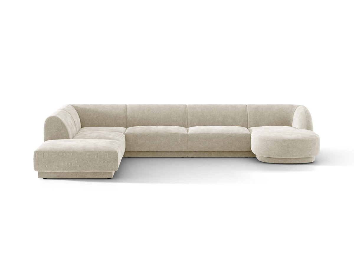 Miley Panoramasofa von Micadoni, Ecksofa links in Dunkelbeige mit Bluvel-Stoffbezug, schwarzen Kunststofffüssen und niedriger Rückenlehne.