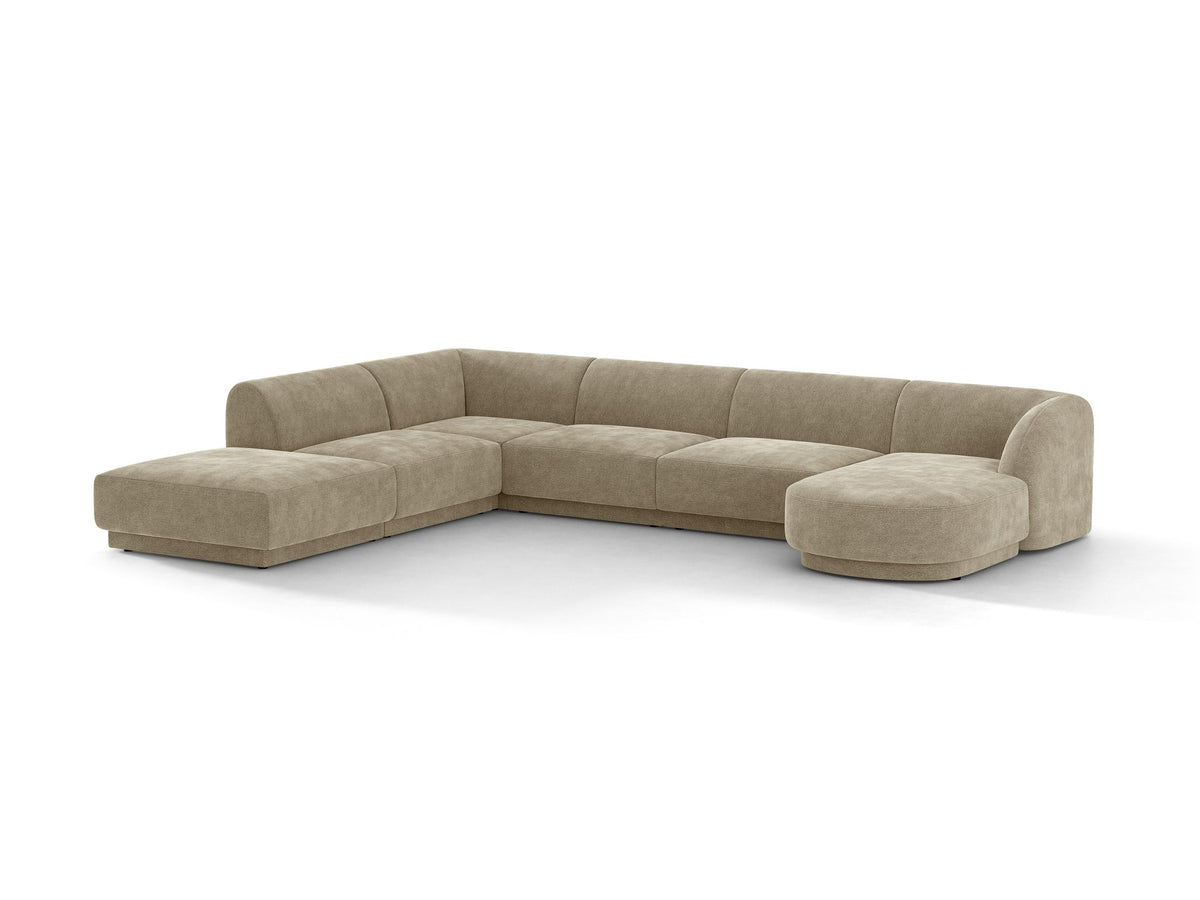 Miley Panoramasofa von Micadoni, Ecksofa links in Dunkelbeige mit Bluvel-Stoffbezug, schwarzen Kunststofffüssen und niedriger Rückenlehne.