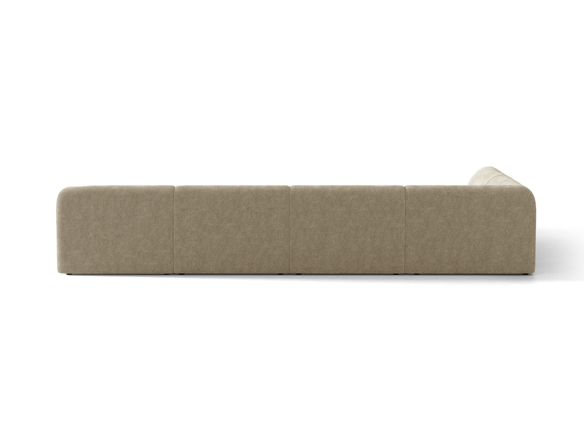 Miley Panoramasofa von Micadoni, Ecksofa links in Dunkelbeige mit Bluvel-Stoffbezug, schwarzen Kunststofffüssen und niedriger Rückenlehne.