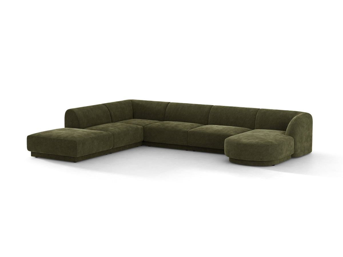 Miley Panoramasofa von Micadoni, Ecksofa links in Dunkelbeige mit Bluvel-Stoffbezug, schwarzen Kunststofffüssen und niedriger Rückenlehne.