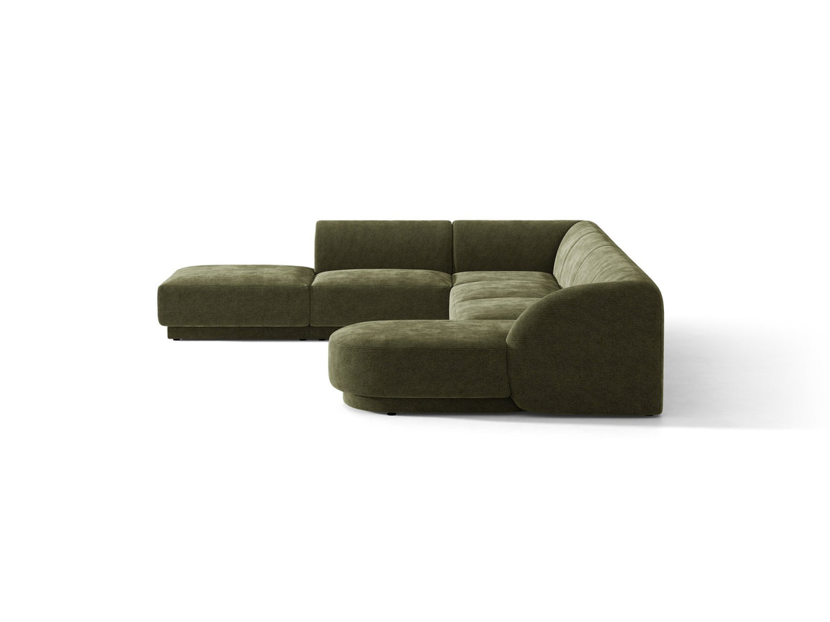 Miley Panoramasofa von Micadoni, Ecksofa links in Dunkelbeige mit Bluvel-Stoffbezug, schwarzen Kunststofffüssen und niedriger Rückenlehne.
