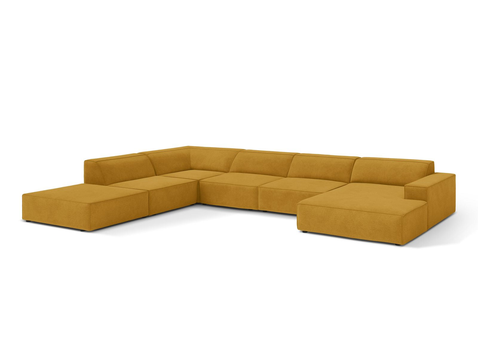 Modulares 7-Sitzer Ecksofa Jodie in Gelb, stilvolles Design mit Panoramablick, ideal für moderne Wohnräume.