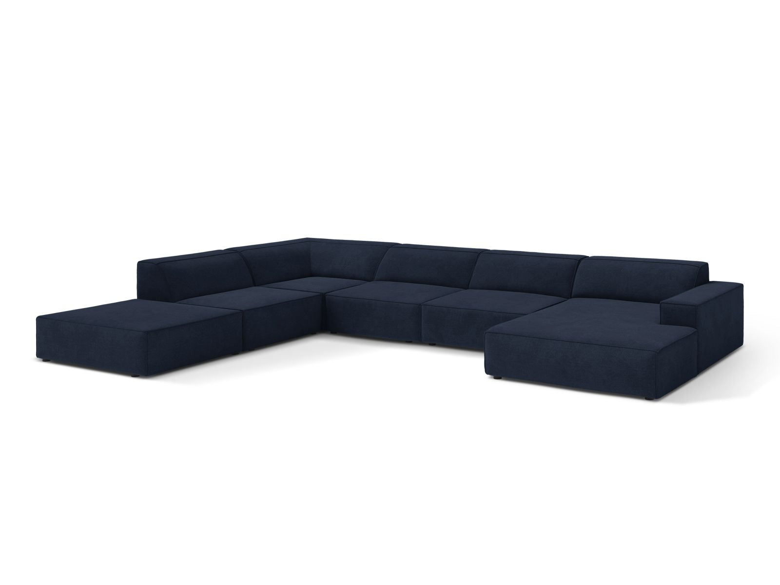 Elegantes 7-Sitzer Ecksofa Jodie in Navy Blue, modular und komfortabel, ideal für stilvolle Wohnräume, präsentiert von Micadoni.