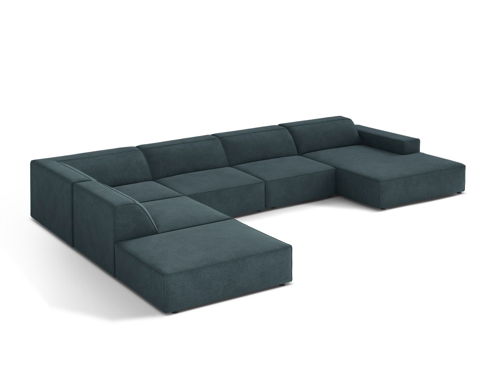 Stylisches 7-Sitzer Ecksofa Jodie in elegantem Petrol, ideal für gesellige Runden und entspannte Stunden, mit vielseitigen Gestaltungsmöglichkeiten.