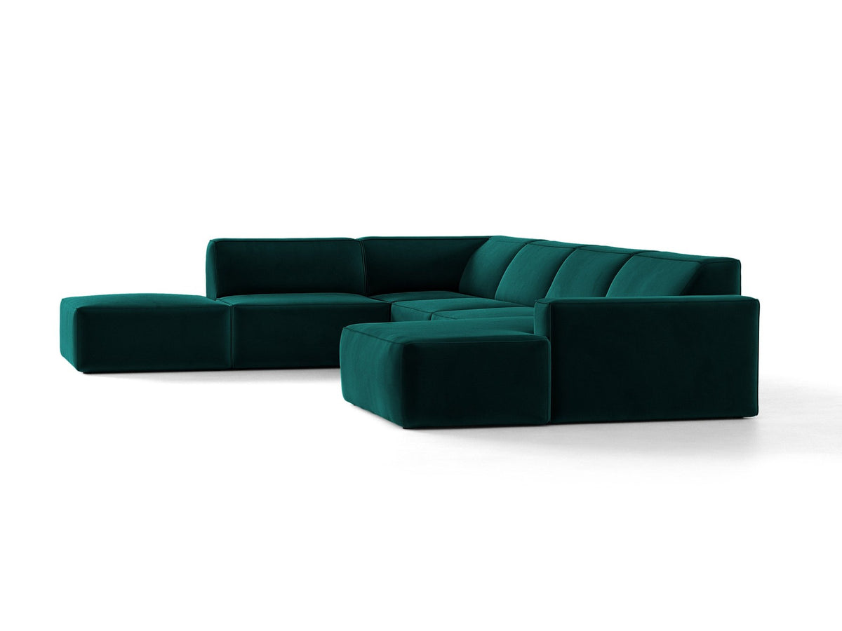 Modulares Ecksofa links Jodie von Micadoni in leichtem Beige mit Venus-Samtstoff, schwarzen Kunststoffbeinen und Panoramaform.