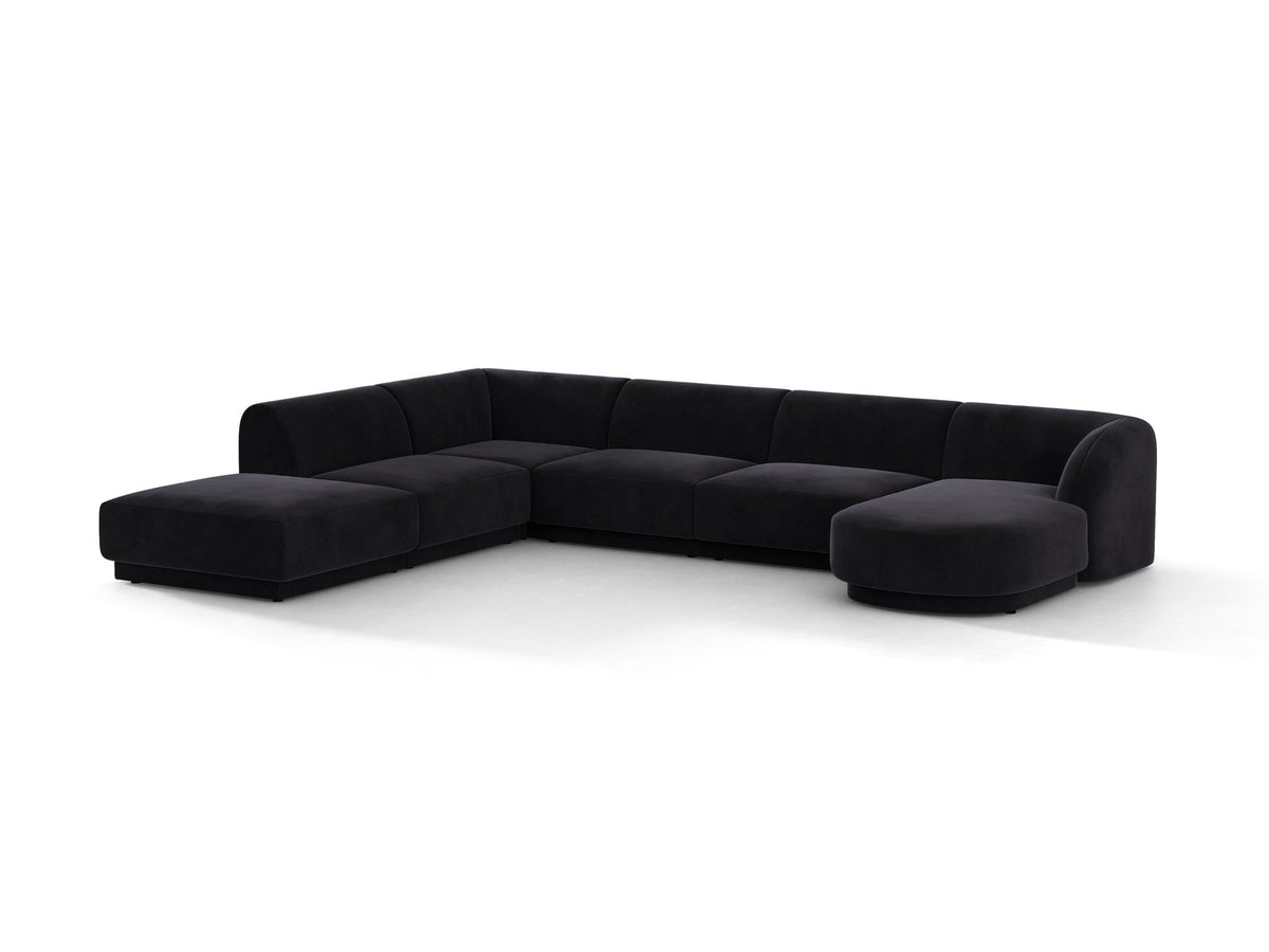Miley Panoramasofa von Micadoni, Ecksofa links in Dunkelbeige mit Bluvel-Stoffbezug, schwarzen Kunststofffüssen und niedriger Rückenlehne.