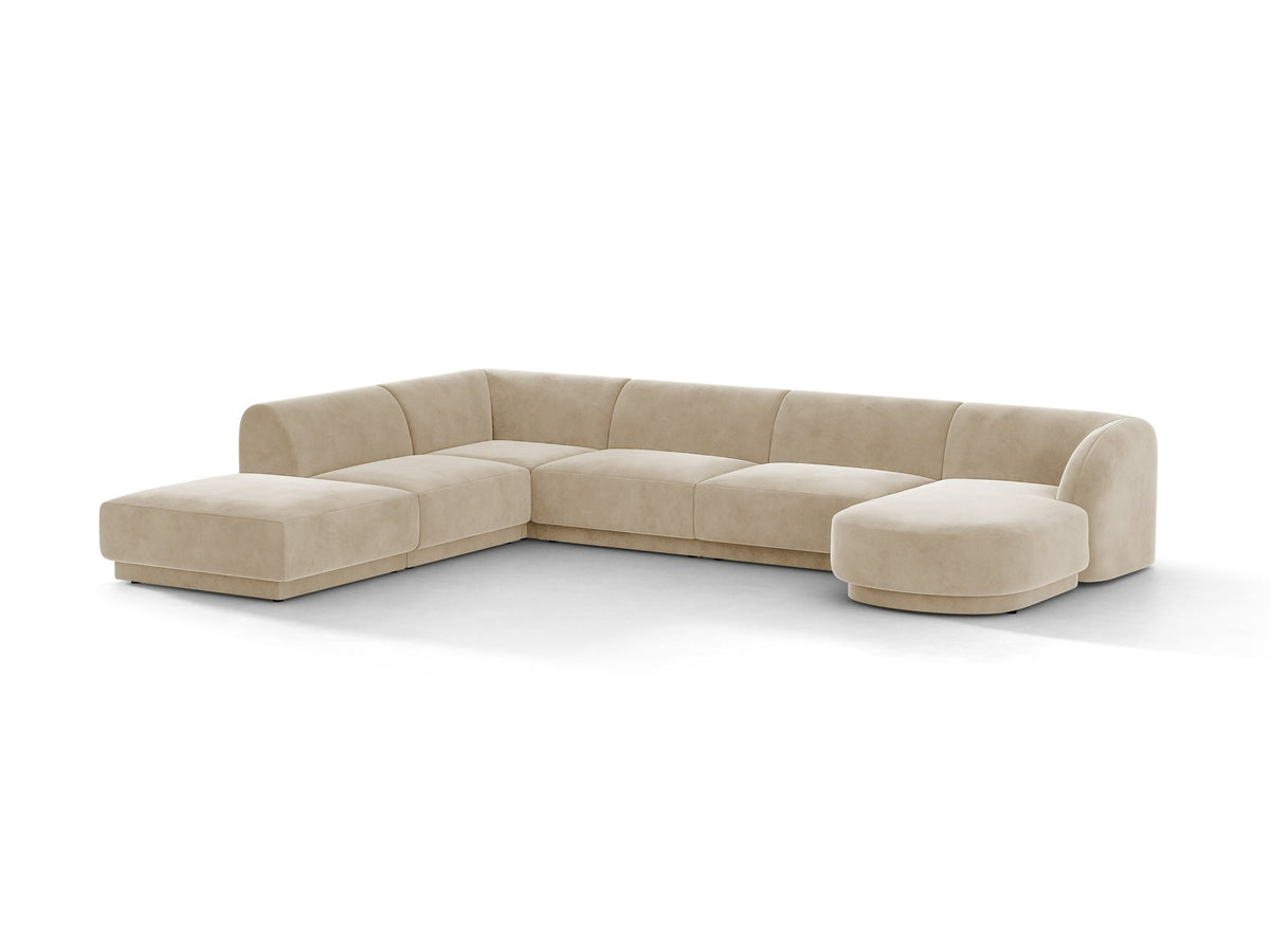 Miley Panoramasofa von Micadoni, Ecksofa links in Dunkelbeige mit Bluvel-Stoffbezug, schwarzen Kunststofffüssen und niedriger Rückenlehne.
