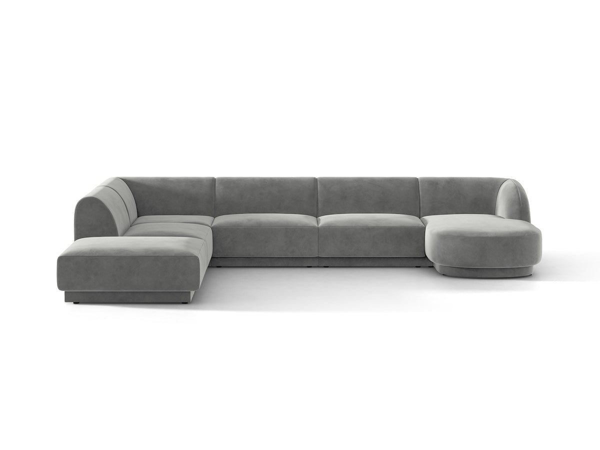 Miley Panoramasofa von Micadoni, Ecksofa links in Dunkelbeige mit Bluvel-Stoffbezug, schwarzen Kunststofffüssen und niedriger Rückenlehne.