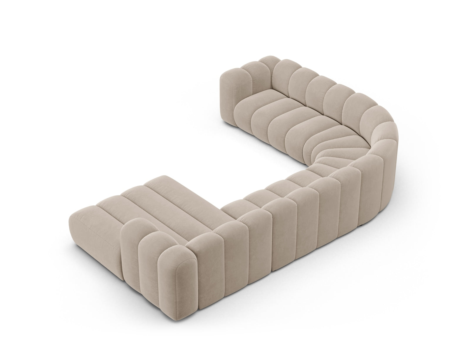 Modulares Ecksofa in Beige aus Velours von Micadoni, linksseitig, für 6 Personen, bietet stilvollen Komfort und großzügige Sitzfläche.