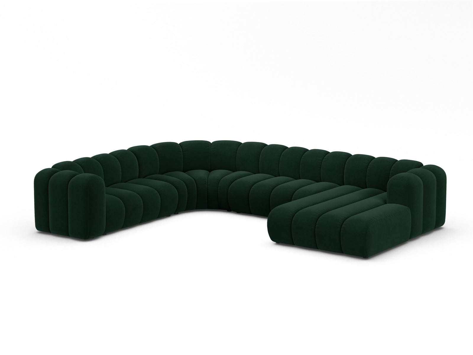 Elegantes Lupine Velour Ecksofa links für 6 Personen in edlem Bottle Green-Salvador, ideal für stilvolle Wohnräume.