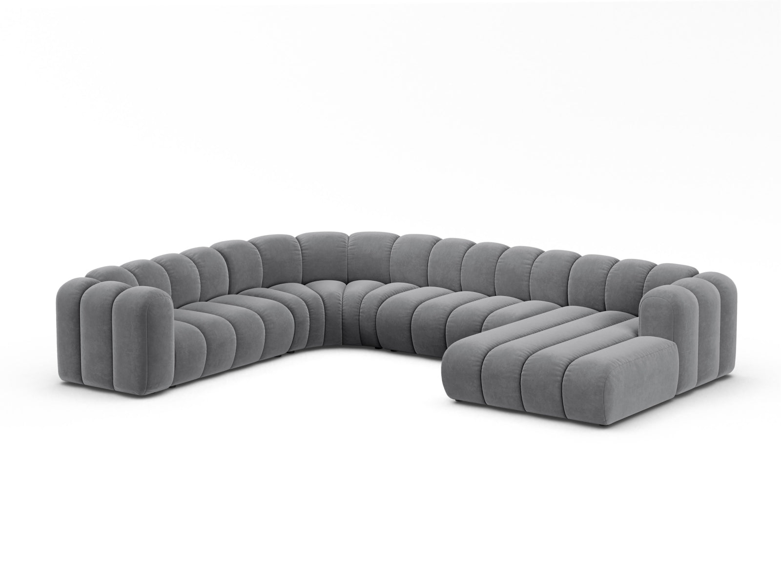 Elegantes Lupine Velour Ecksofa links für 6 Personen in stilvollem Grau, ideal für moderne Wohnräume und gemütliche Abende.
