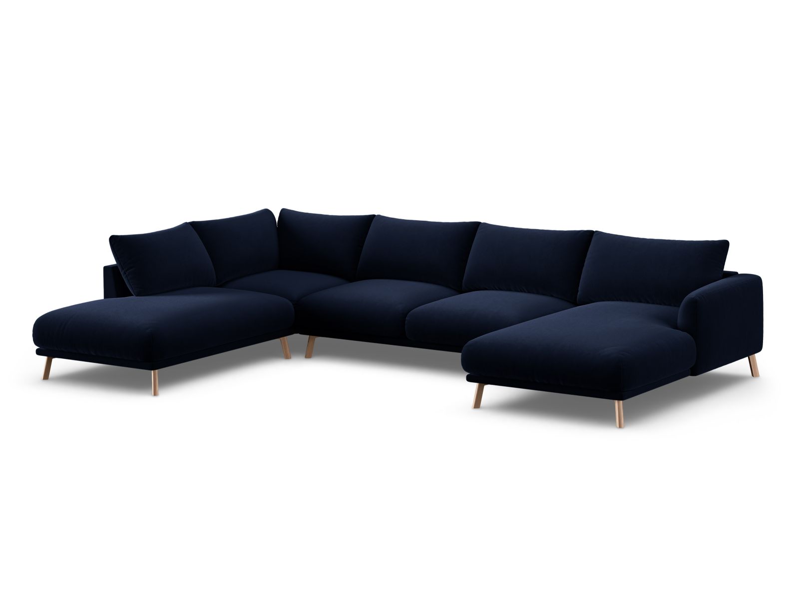 Elegantes 6-Sitzer Panoramic Ecksofa links Naomi in Royal Blue, ideal für stilvolle Wohnräume, präsentiert von Micadoni.