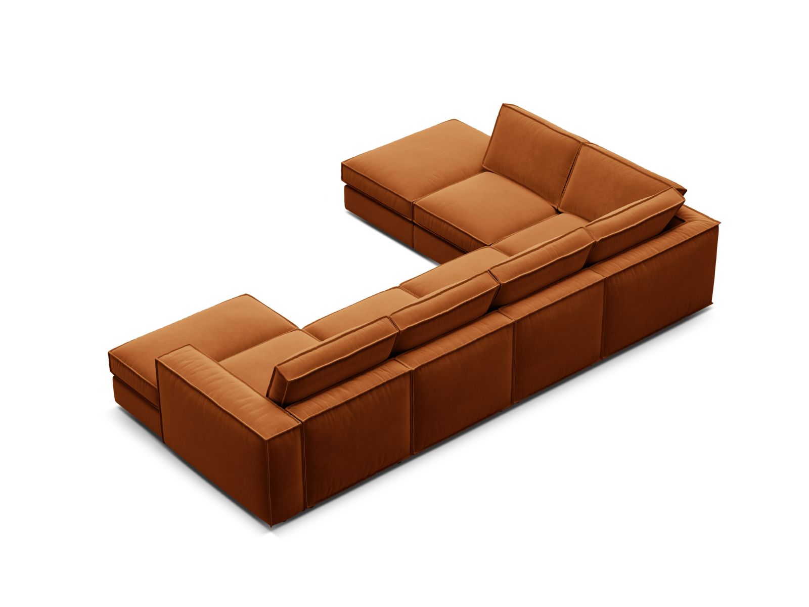 Modernes 5-Sitzer Ecksofa Panoramic links in warmem Terracotta, perfekt für entspannte Stunden und geschmackvolle Einrichtung.