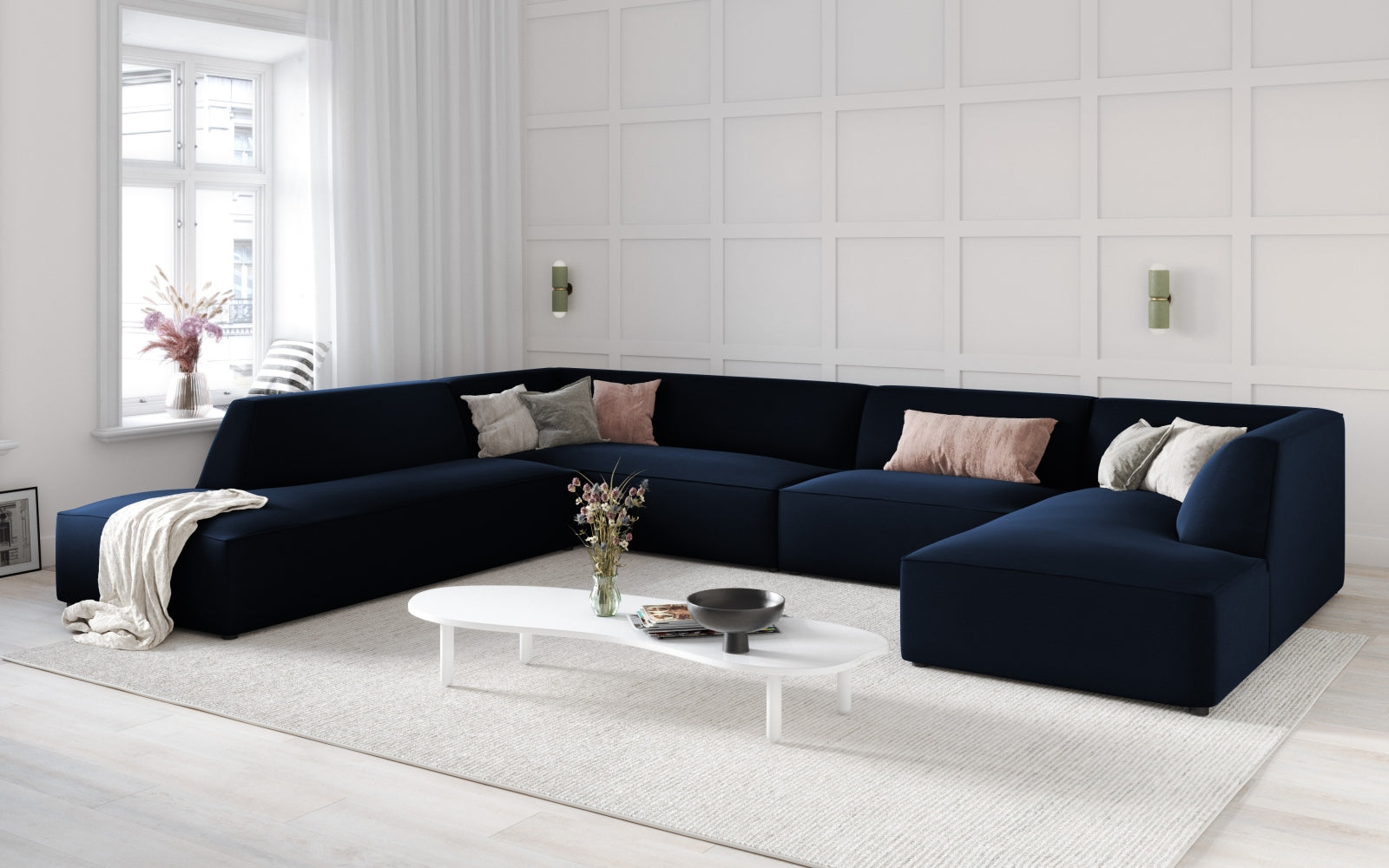 Entdecken Sie das luxuriöse Ruby Velour Panoramic Ecksofa links 7 Sitzer von Micadoni – stilvoll, komfortabel und perfekt für gesellige Abende.