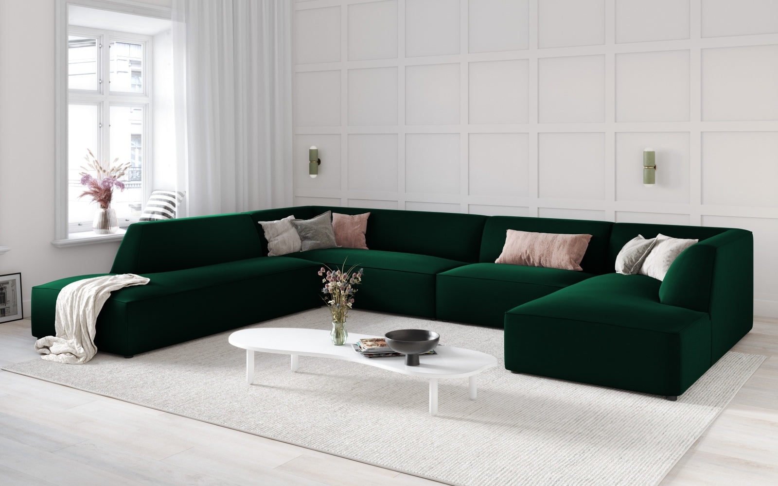 Elegantes Ruby Velour Panoramic Ecksofa links in stilvollem Design, ideal für moderne Wohnräume, präsentiert in einer gemütlichen Atmosphäre.