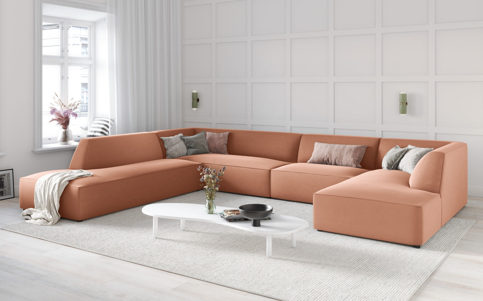 Entdecken Sie das luxuriöse Ruby Velour Panoramic Ecksofa links 7 Sitzer von Micadoni – stilvoll, komfortabel und perfekt für gesellige Abende.
