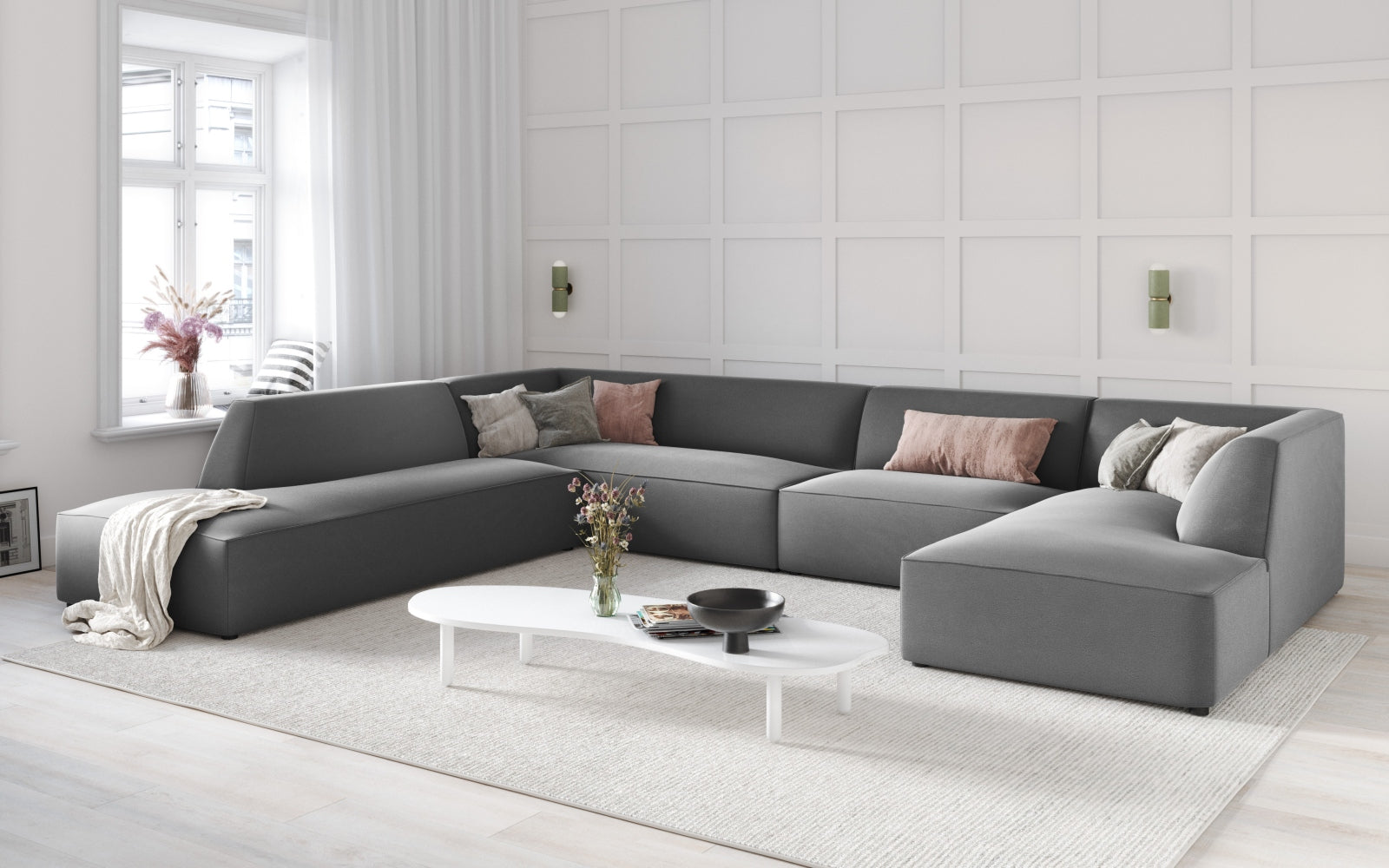 Elegantes Ruby Velour Panoramic Ecksofa links in stilvollem Design, ideal für moderne Wohnräume und gemütliche Abende.