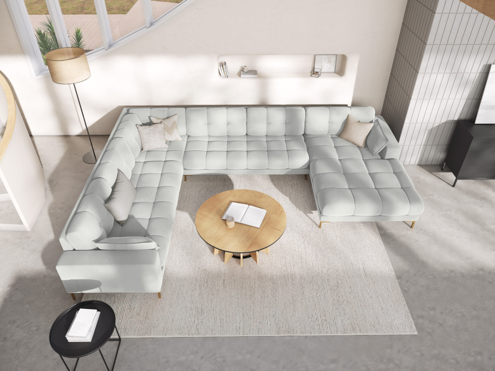 Entdecken Sie das Mamaia Velour Panoramic Ecksofa links von Micadoni – ein elegantes 7-Sitzer Sofa, das Komfort und Stil in Ihr Wohnzimmer bringt.