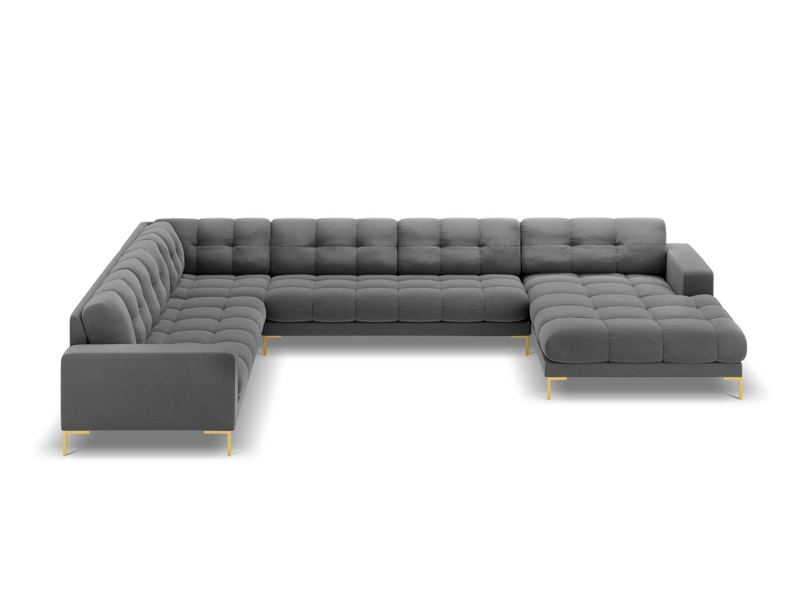 Erleben Sie das Mamaia Velour Panoramic Ecksofa links von Micadoni – ein luxuriöses 7-Sitzer Sofa, das Stil und Komfort in Ihr Zuhause bringt.