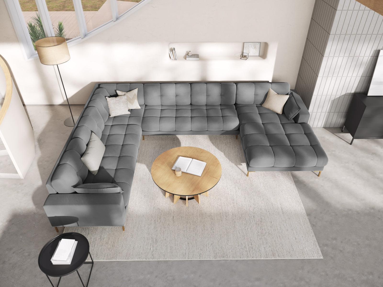 Entdecken Sie das elegante Mamaia Velour Panoramic Ecksofa links von Micadoni – ein stilvolles 7-Sitzer Sofa für höchsten Komfort in Ihrem Wohnzimmer.