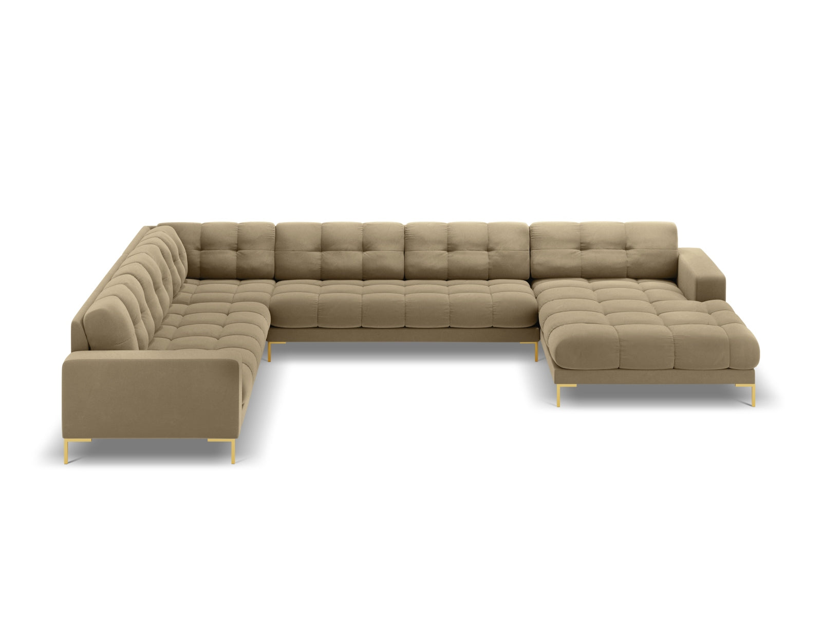 Erleben Sie das Mamaia Velour Panoramic Ecksofa links von Micadoni – ein luxuriöses 7-Sitzer Sofa, das Komfort und Stil in Ihr Wohnzimmer bringt.